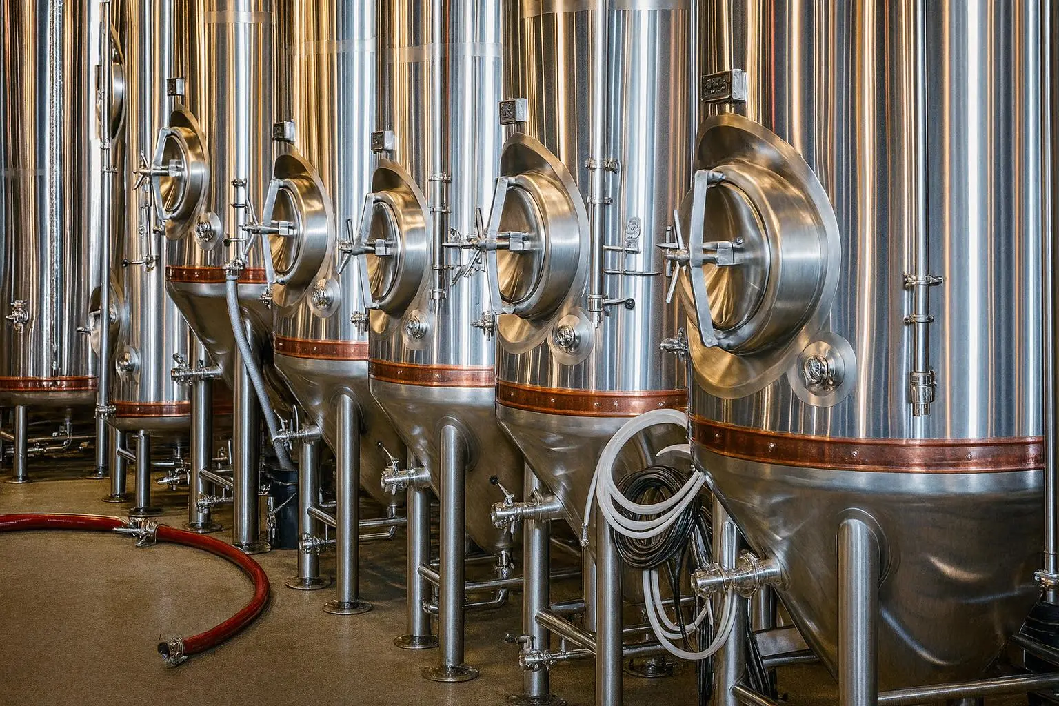 Hygienic stainless steel process equipment used in food and beverage production.